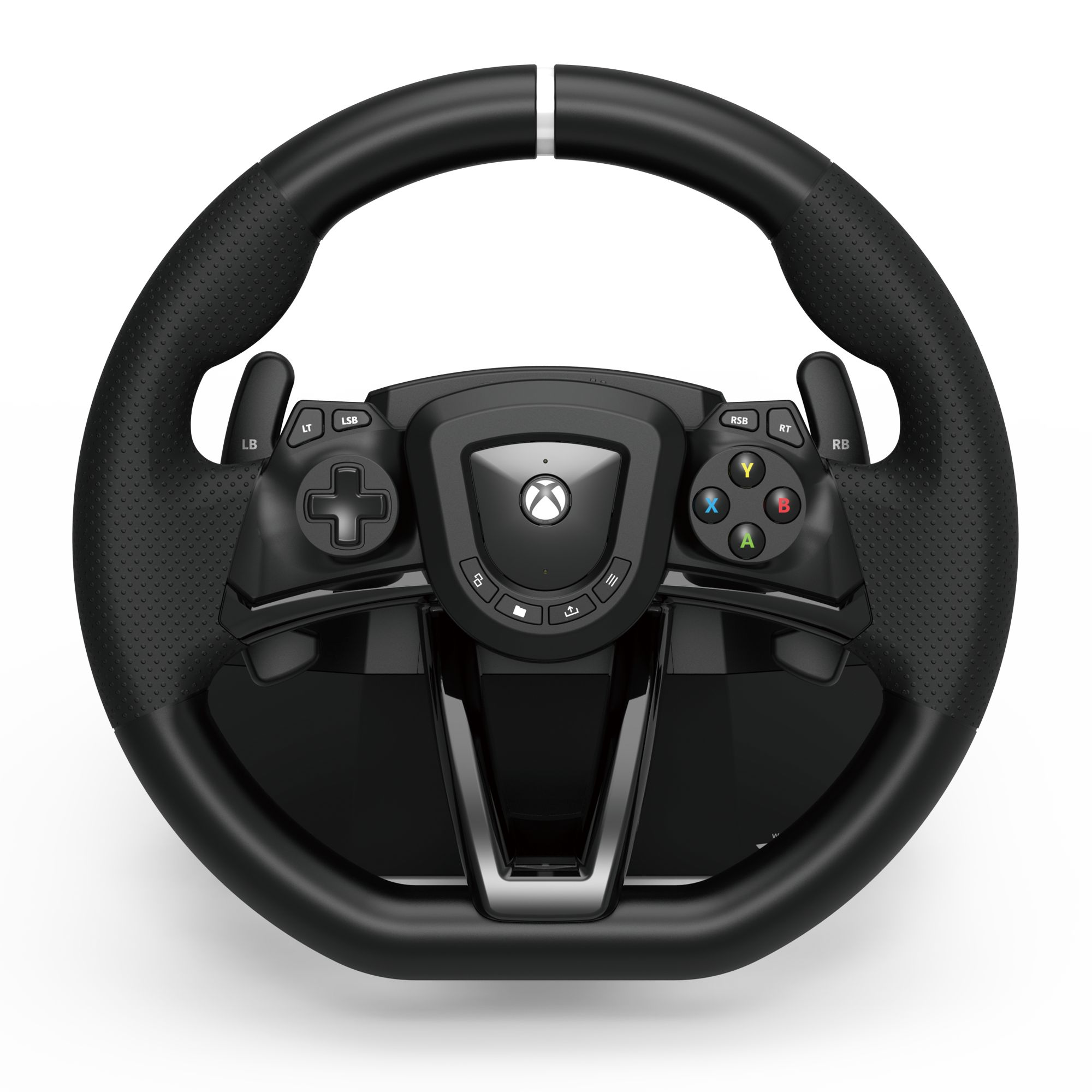 Schwarzes Lenkrad mit strukturierten Griffen, Xbox-Logo, Knöpfen und Paddles. Weiße Streifen oben. Vor weißem Hintergrund.