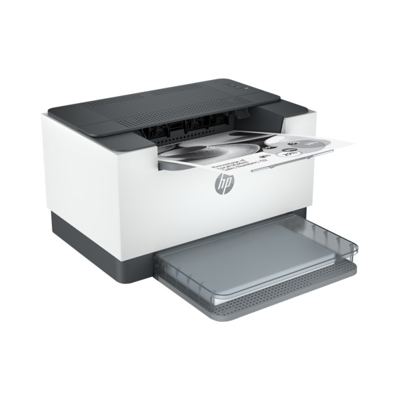 Een witte HP-printer met een grijze bovenkant en papieruitvoer. Er staat een lade onderaan. Een afgedrukt document komt eruit.