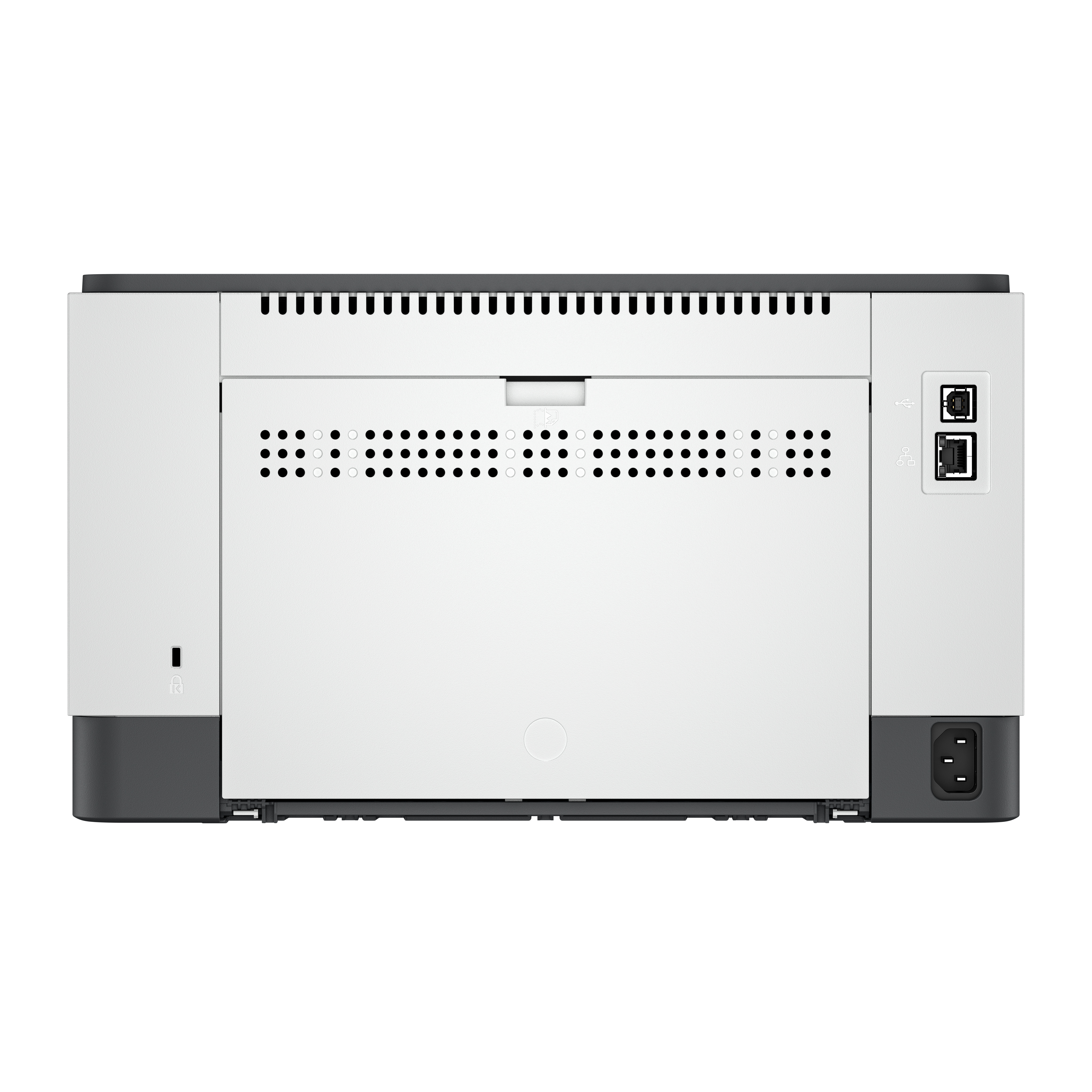 De achterkant van een wit-grijze printer. Het heeft ventilatieopeningen, poorten en een stroomaansluiting.