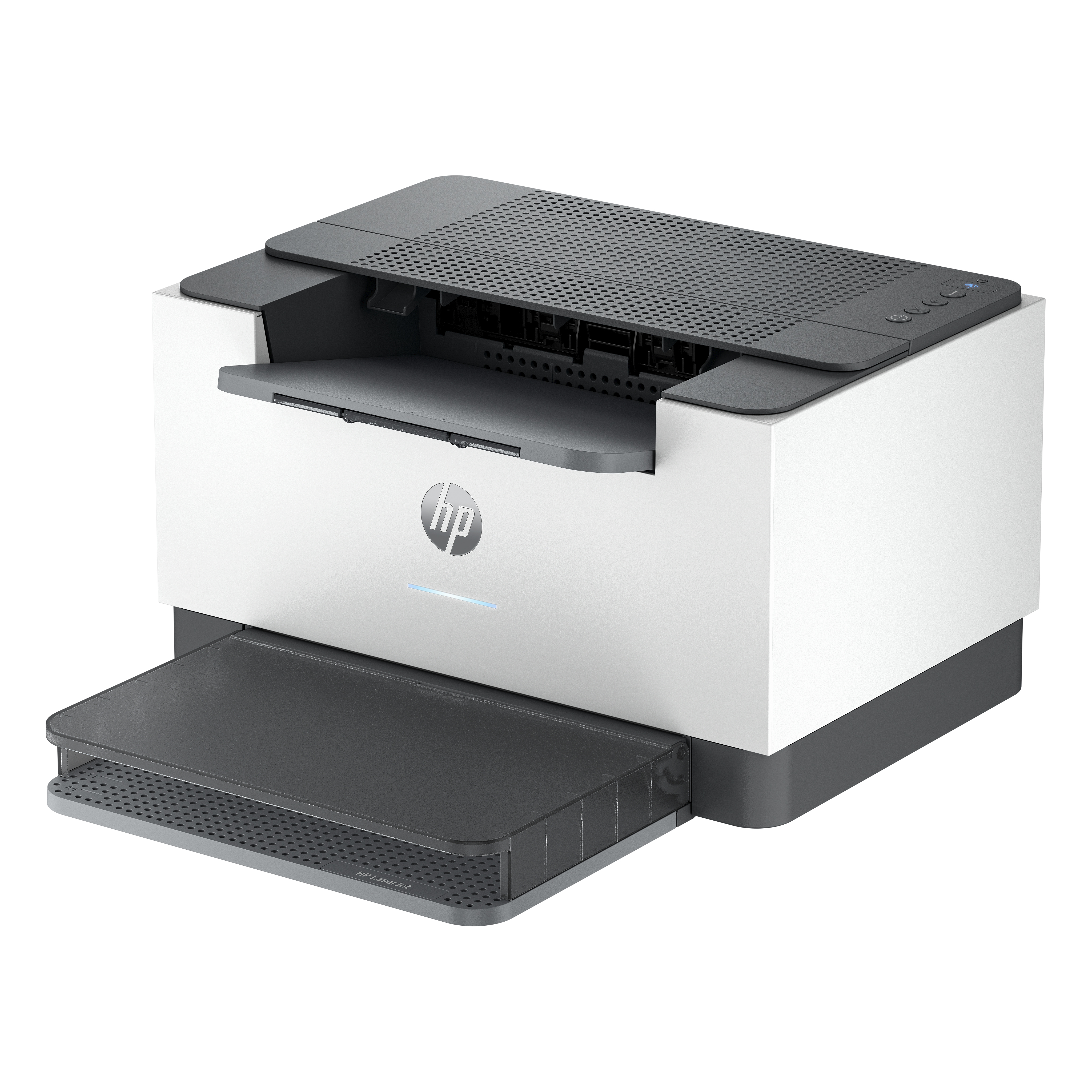 Een witte en grijze HP LaserJet printer. De papierlade is uitgeschoven. De bovenkant heeft een geperforeerd ontwerp.