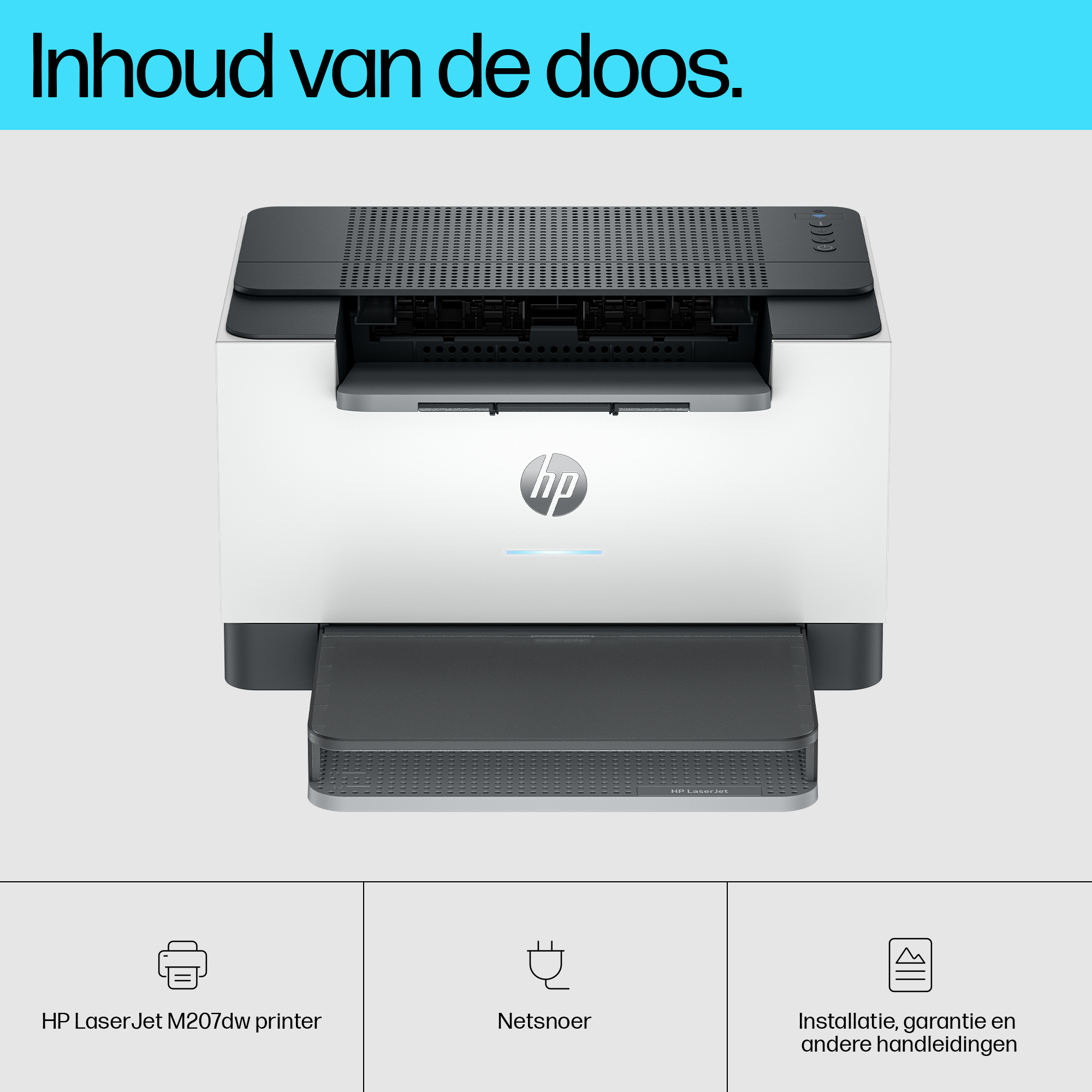 Een witte en zwarte HP LaserJet-printer. De afbeelding toont ook een netsnoer en installatiegidsen.