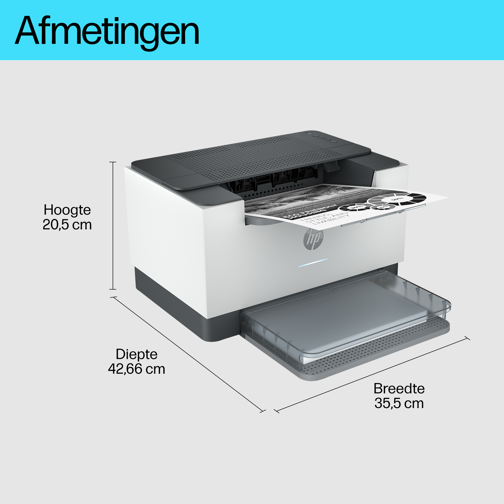 Een witte en grijze HP-printer. Er komt een papier met tekst uit. Afmetingen worden getoond.