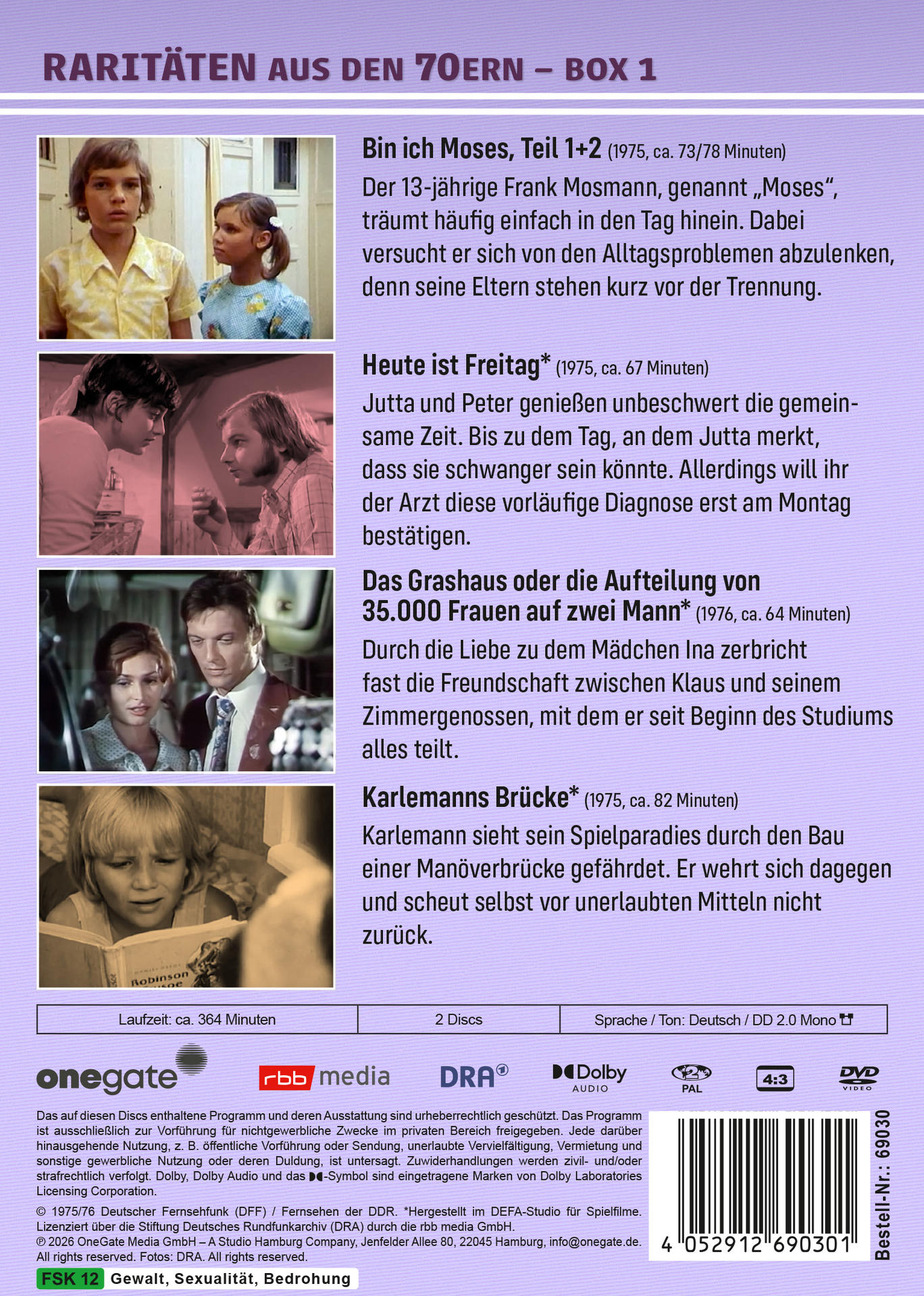 DVD-Cover mit Filmszenen und Text auf Deutsch. Zeigt Schauspieler und Filmtitel. Lila Hintergrund.