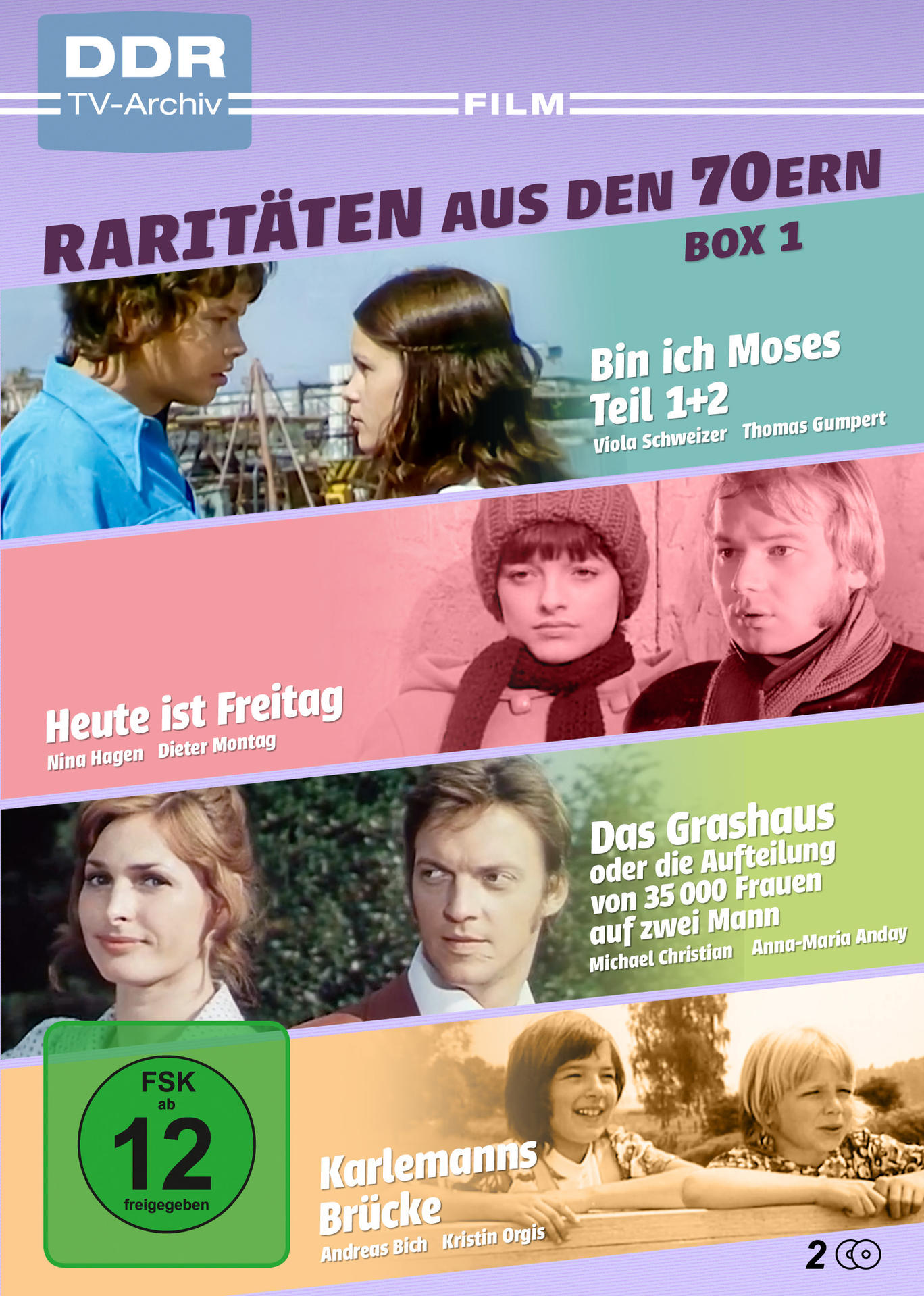 DVD-Cover. Titel: Raritäten aus den 70ern, Bin ich Moses, Heute ist Freitag, Das Grashaus, Karlemanns Brücke. Namen der Schauspieler.