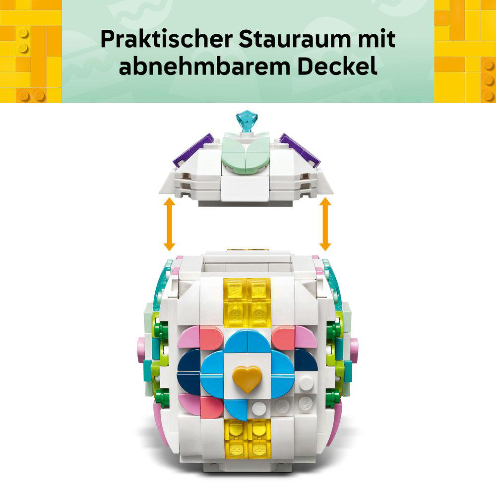 Eine bunte Lego-Aufbewahrungsbox mit abnehmbarem Deckel, Pfeile zeigen das Entfernen des Deckels. Text oben: 'Praktischer Stauraum'.