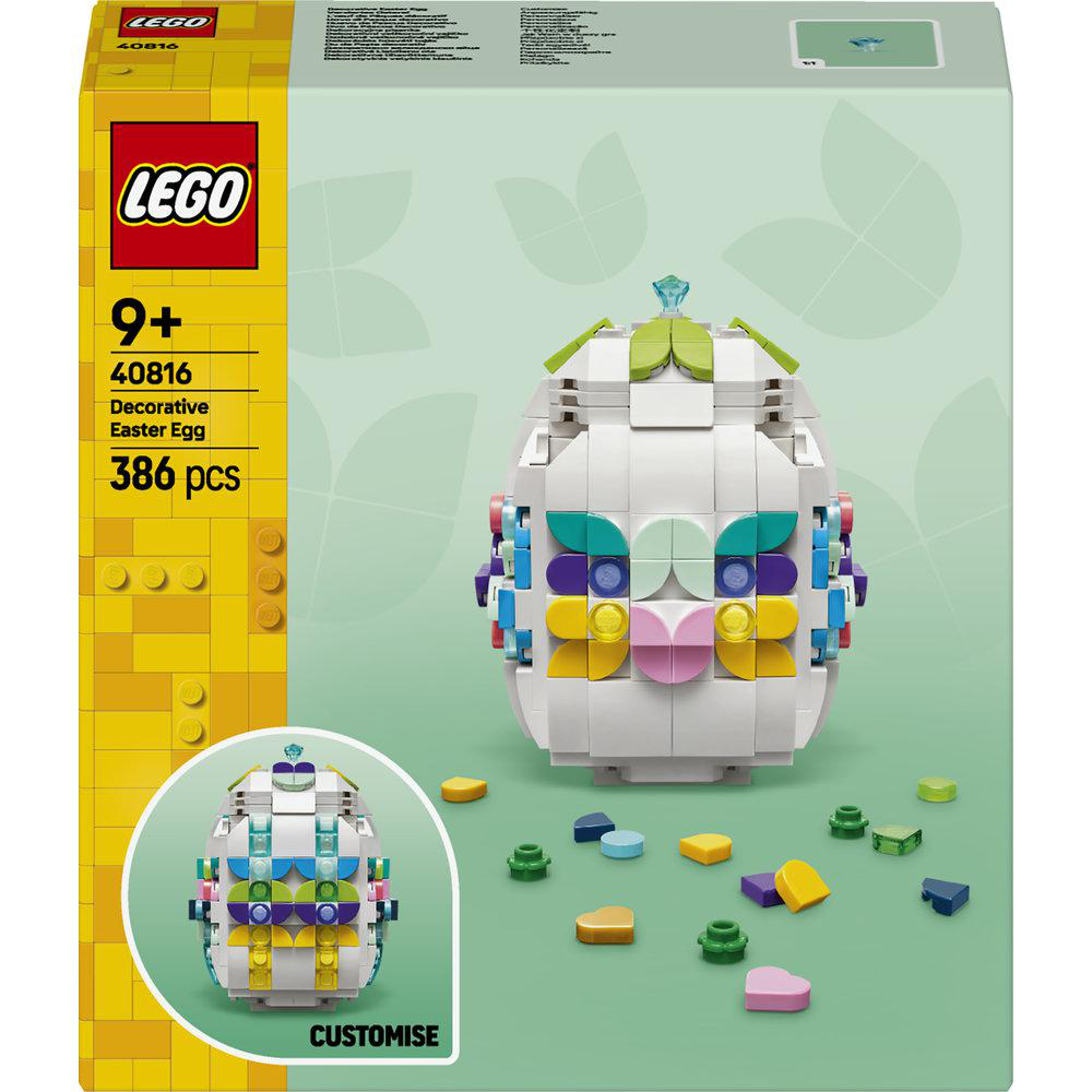 Eine Lego-Box mit einem aus Blöcken gefertigten weißen Ei. Die Box zeigt das Ei, Teile und das Lego-Logo.