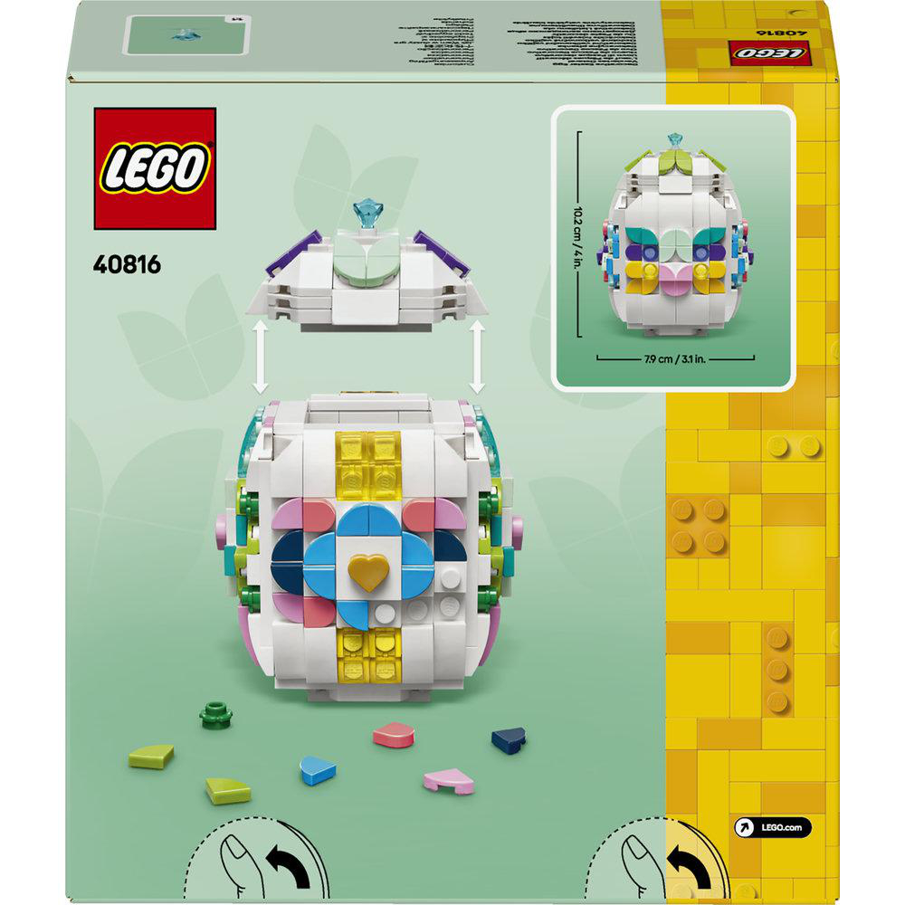 Eine Lego-Set-Box. Die Box zeigt ein weißes Osterei aus Lego-Steinen, mit Abmessungen und Lego-Logo.