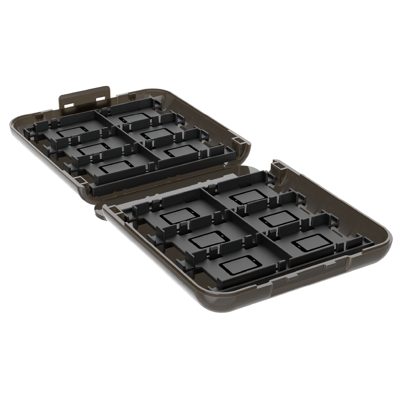 Geöffnete, braune Plastikbox, in Fächer unterteilt. Jedes Fach hat einen dunkelgrauen rechteckigen Schlitz.