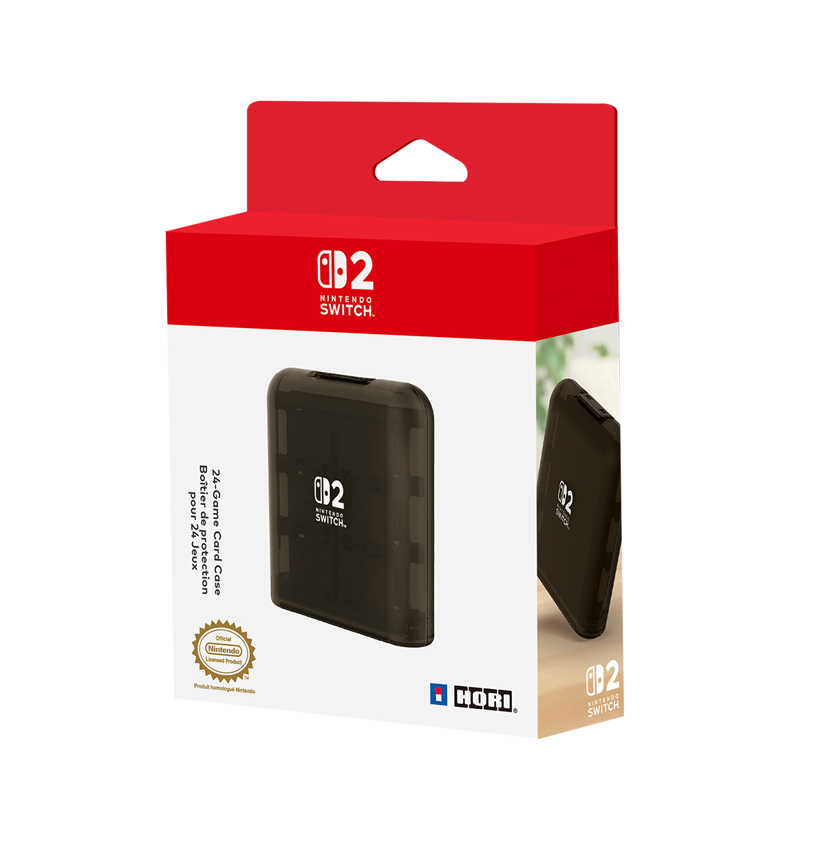 Eine Nintendo Switch-Spielkartenhülle in einer rot-weißen Box. Die Box hat eine schwarze Hülle, und Nintendo Switch-Logos sind sichtbar.