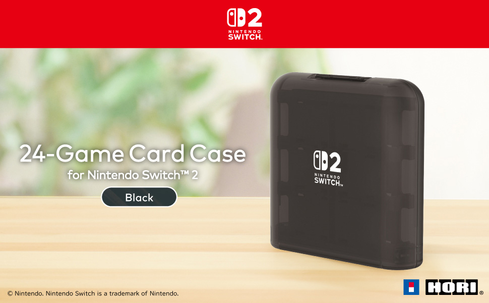 Schwarzes 24-Spielkartenetui für Nintendo Switch 2. Das Etui ist schwarz und hat das Nintendo Switch-Logo. Rotes Banner oben.