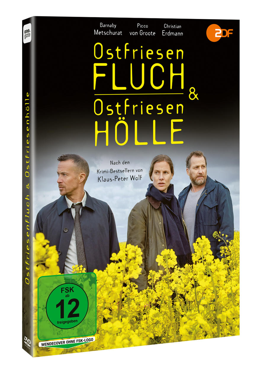 DVD-Cover. Drei Personen stehen in einem Feld gelber Blumen. Titel: Ostfriesen Fluch & Ostfriesen Hölle.
