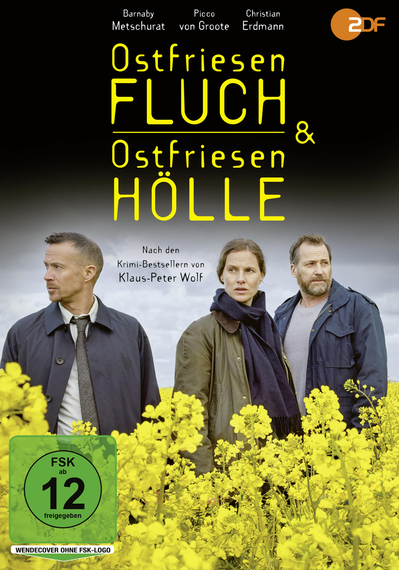 Filmposter mit drei Personen vor gelben Blumen. Titel: Ostfriesen FLUCH & HÖLLE. FSK 12 Freigabe.