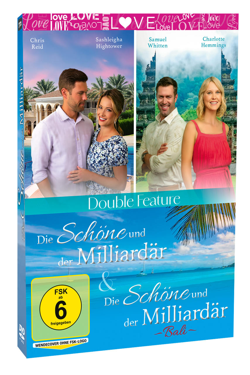 DVD-Cover. Paare, Text 'Die Schone und der Milliardar'. Palmen, Meer und Text 'Love'. Rating-Logo.