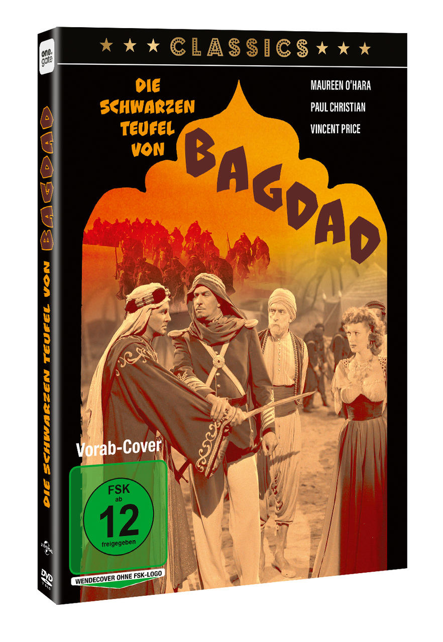DVD-Cover für 'The Black Devil of Bagdad'. Zeigt Schauspieler und ein stilisiertes Bild von Menschen in orientalischem Outfit.