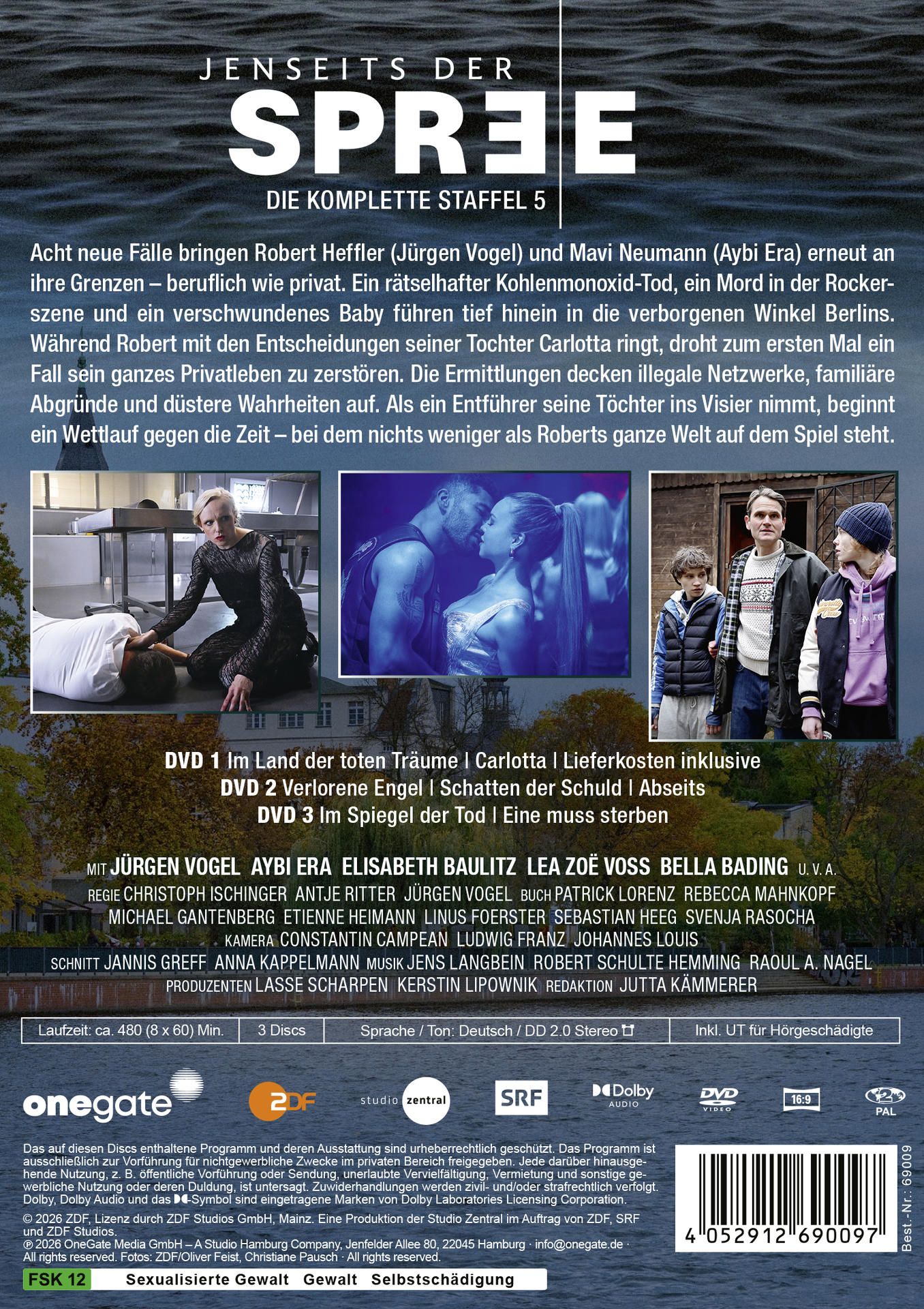 DVD-Cover. Szenenfotos von Schauspielern. Text: Jenseits der Spree, Staffel 5. Namen von Schauspielern und Crew.