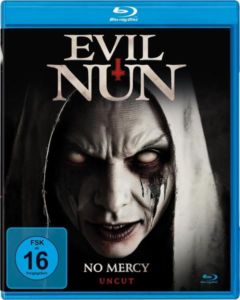 Blu-ray-Cover mit dem Titel "EVIL NUN" und einem erschreckenden Gesicht einer Nonne. Das Cover ist in einem blauen Gehäuse gerahmt, mit einer 16er-Einstufung.