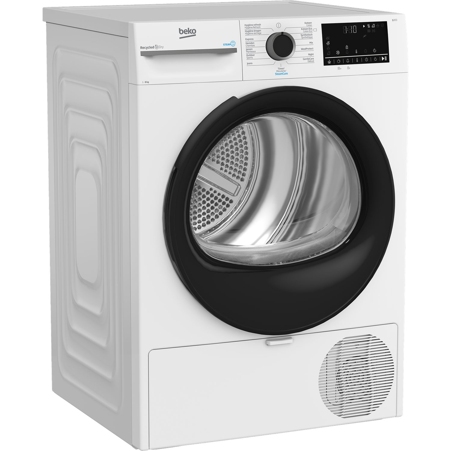 A white Beko dryer with a black door. It has a digital display and various program settings. The front has a circular vent.
