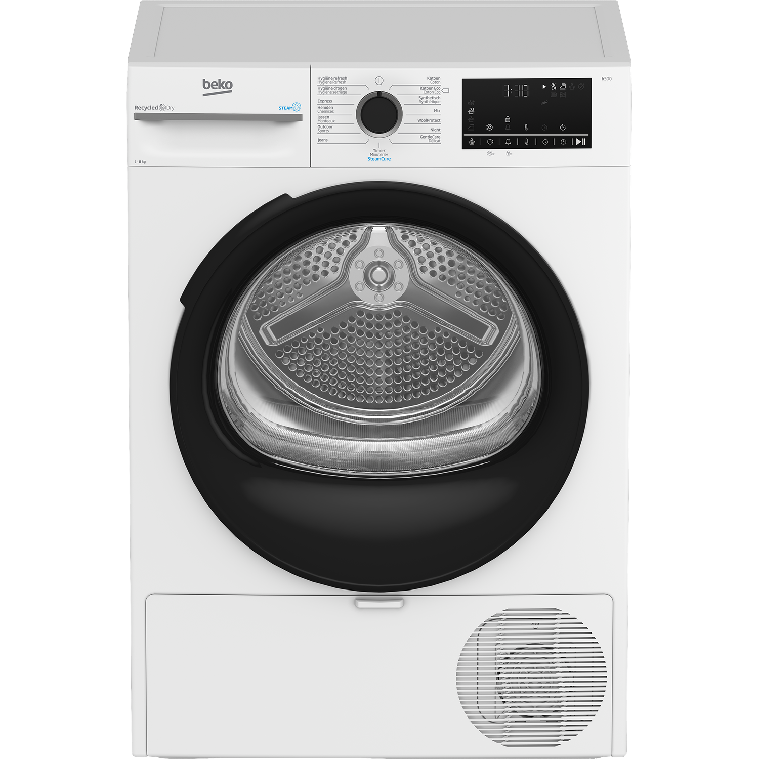 A white Beko dryer with a black door. It has a digital display and various program options. Below is a ventilation opening.