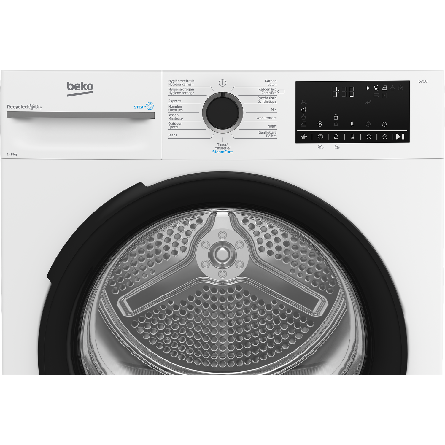 A white Beko dryer. It has a round door and a control panel with buttons and a display. It shows drying options.