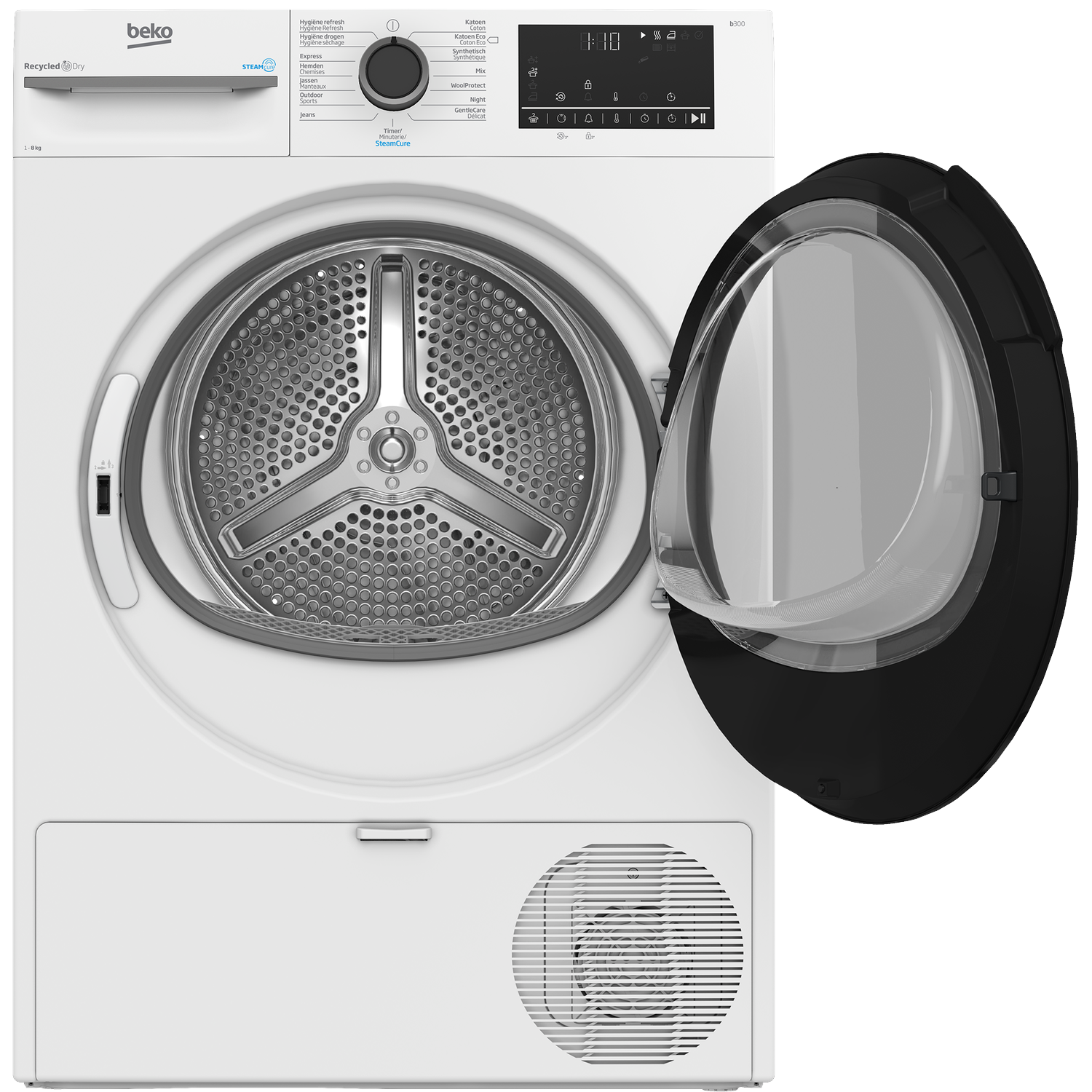 A white Beko dryer with an open door. The interior drum is visible. Controls and display are on the top right.
