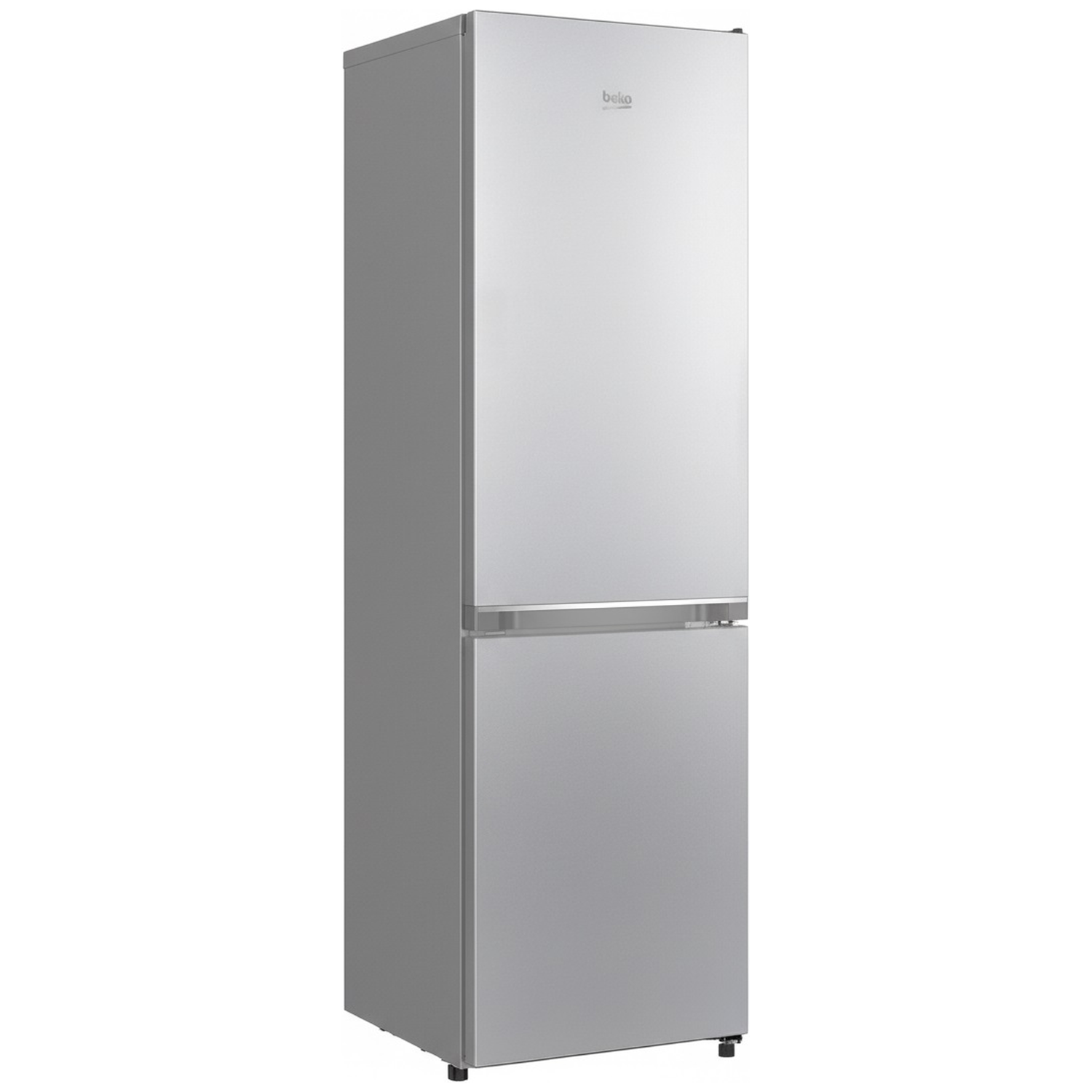 A silver Beko refrigerator against a white background. It has two doors, a freezer at the bottom, and a fridge on top.