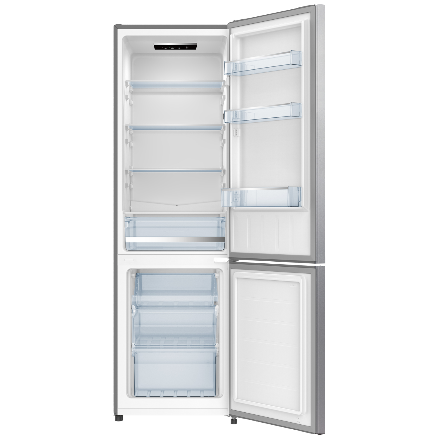 An open refrigerator with two doors. The upper door reveals shelves and the lower door shows freezer drawers. The interior is white.