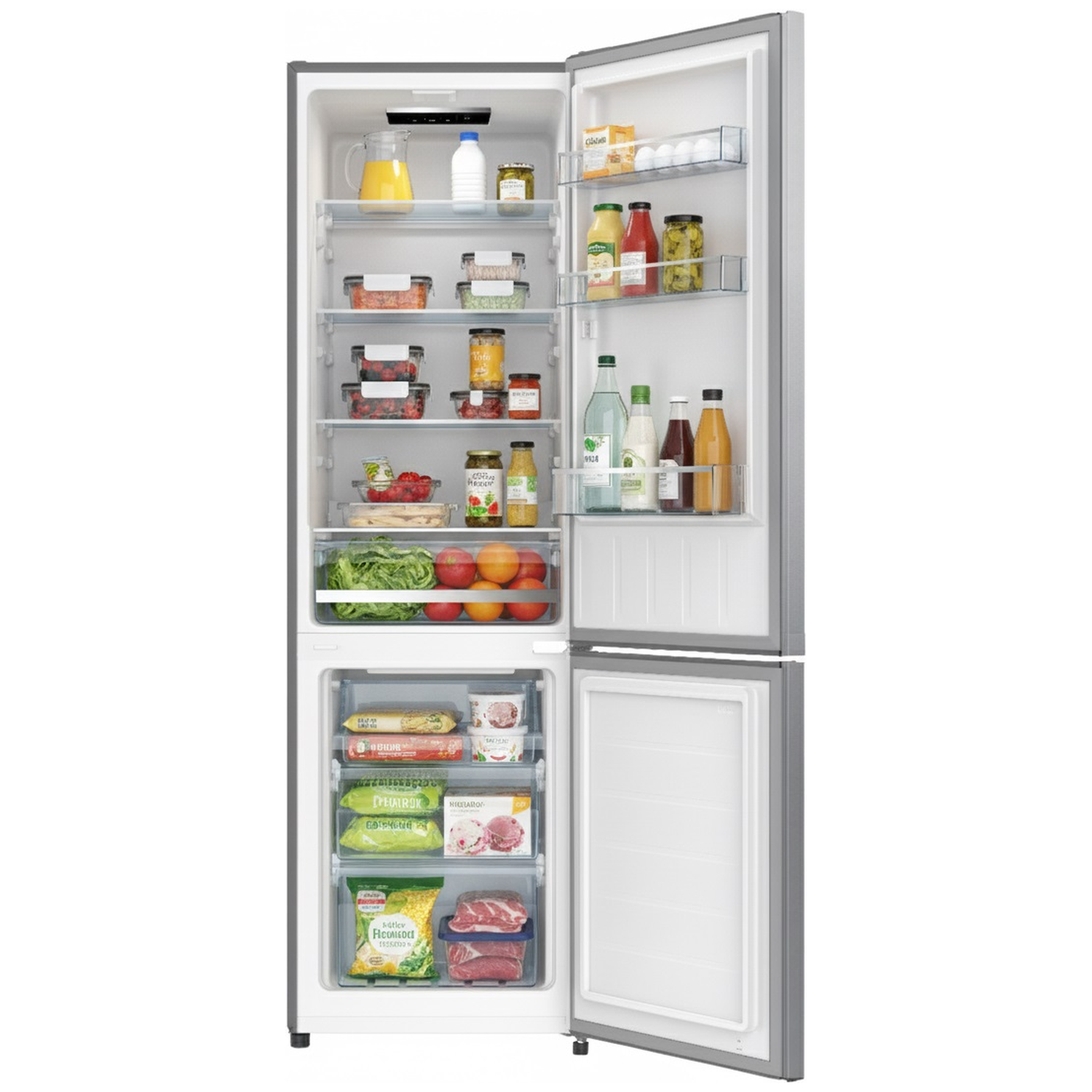 Open refrigerator filled with food: fruits, vegetables, drinks, and frozen items. The door is open, showing multiple shelves.