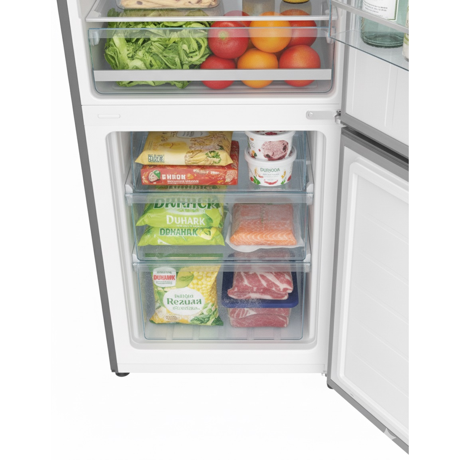 Open refrigerator filled with produce, frozen foods, and ice cream. Vegetables, fruits, and packaged items are visible.