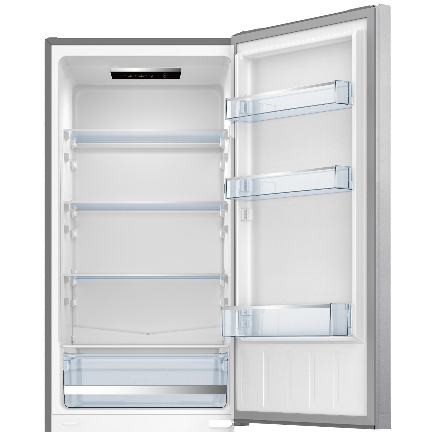 Open silver refrigerator. Inside, there are shelves and transparent compartments. The door is open, revealing the interior.