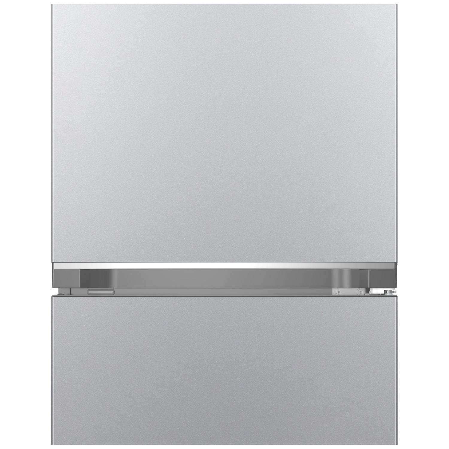 A stainless steel refrigerator with two doors. The top door is larger than the bottom one. A silver handle is on top.