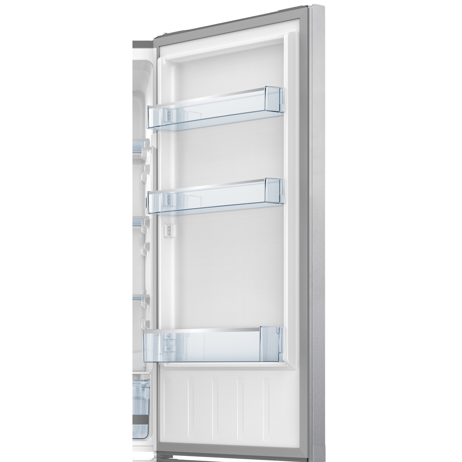 Open refrigerator interior with shelves. Clear plastic shelves are visible against the white interior. The door is open.
