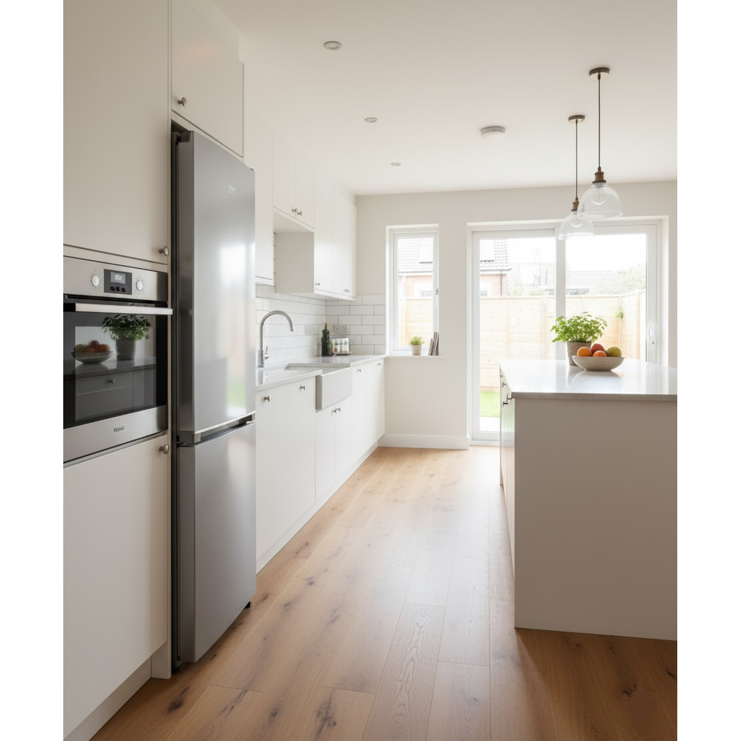 Modern kitchen with white cabinets, stainless steel fridge, wooden floor, and island with fruit bowl. Natural light floods the room.