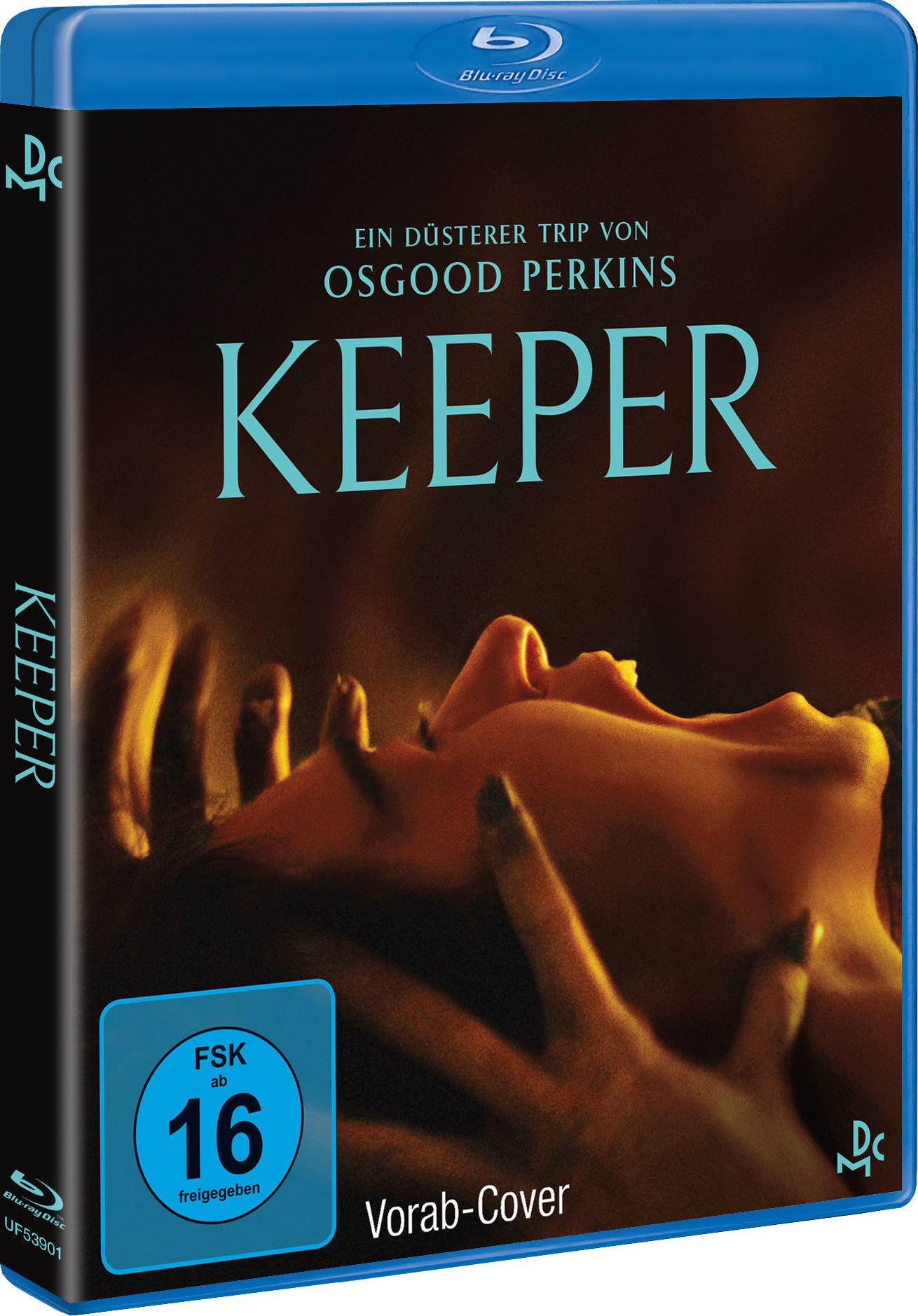 Blu-ray-Cover von 'Keeper'. Zeigt ein Gesicht, Hände und Text. Enthält ein Rating-Logo und den Text 'Vorab-Cover'.