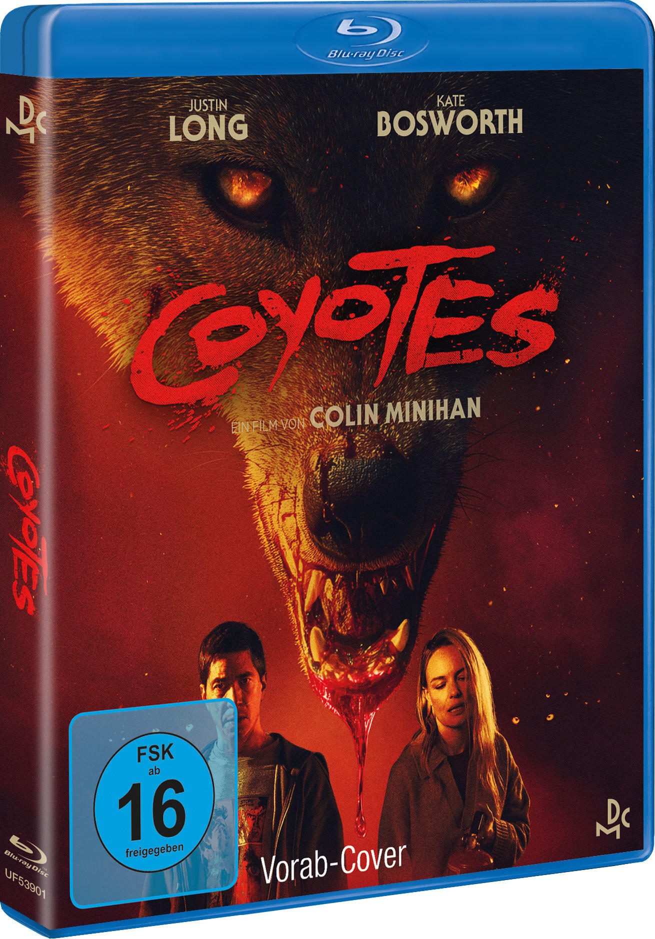 Blu-ray-Cover mit Wolfsgesicht, Filmtitel 'Coyotes' und Schauspielernamen. Unten stehen zwei Personen.