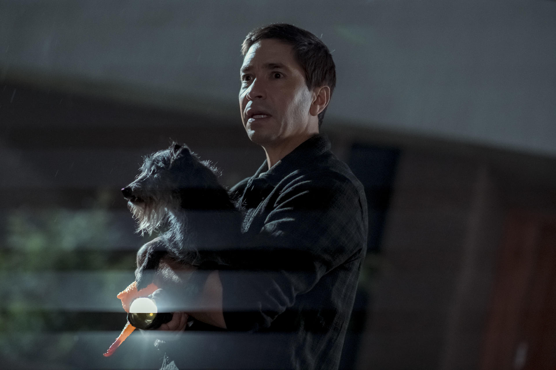Ein Mann hält einen kleinen, grauen Hund und eine Taschenlampe. Die Szene spielt sich im Freien ab, wahrscheinlich nachts, mit Regen.