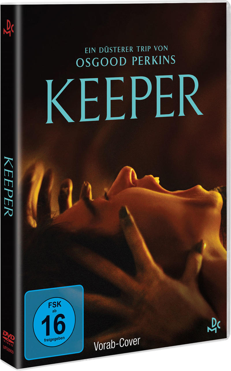DVD-Cover für 'Keeper', ein Film von Osgood Perkins. Zeigt ein Gesicht in der Mitte, den Titel oben und eine Altersfreigabe auf einem blauen Badge.