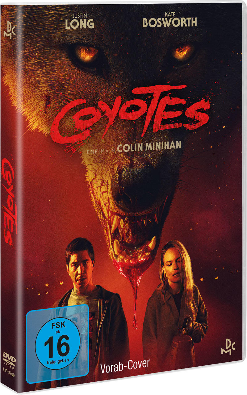 DVD-Cover für den Film 'Coyotes'. Zeigt das Gesicht eines Wolfs, den Titel und die Schauspieler Justin Long und Kate Bosworth.