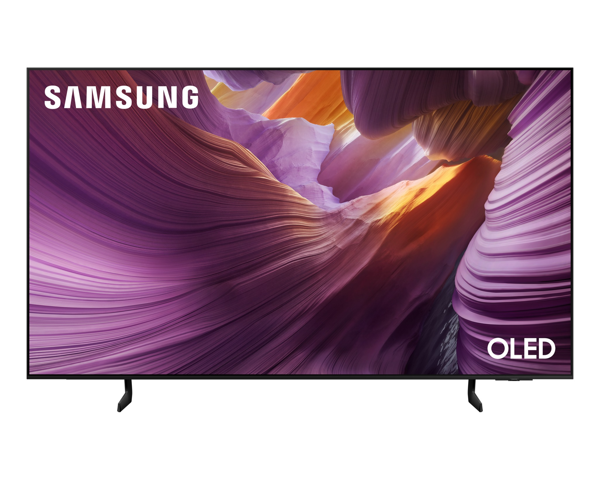 Samsung OLED TV. A képernyő egy színes absztrakt képet jelenít meg. A TV fekete állvánnyal és fekete kerettel rendelkezik.