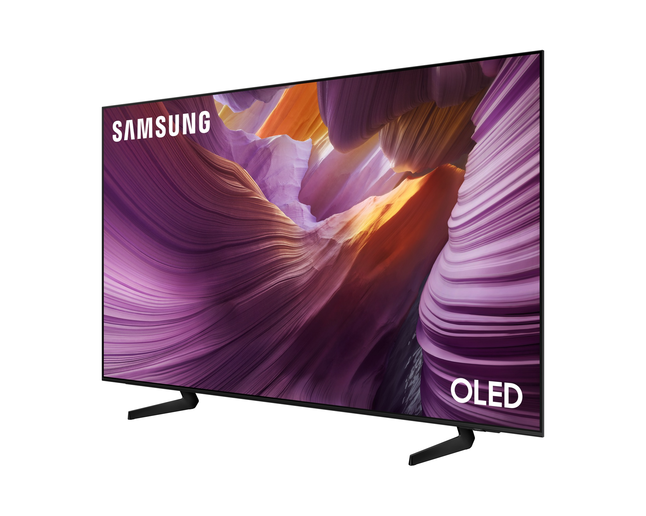 Samsung OLED TV. A képernyő színes absztrakt képet jelenít meg. Fekete keret és állvány. Az 'OLED' szó látható.