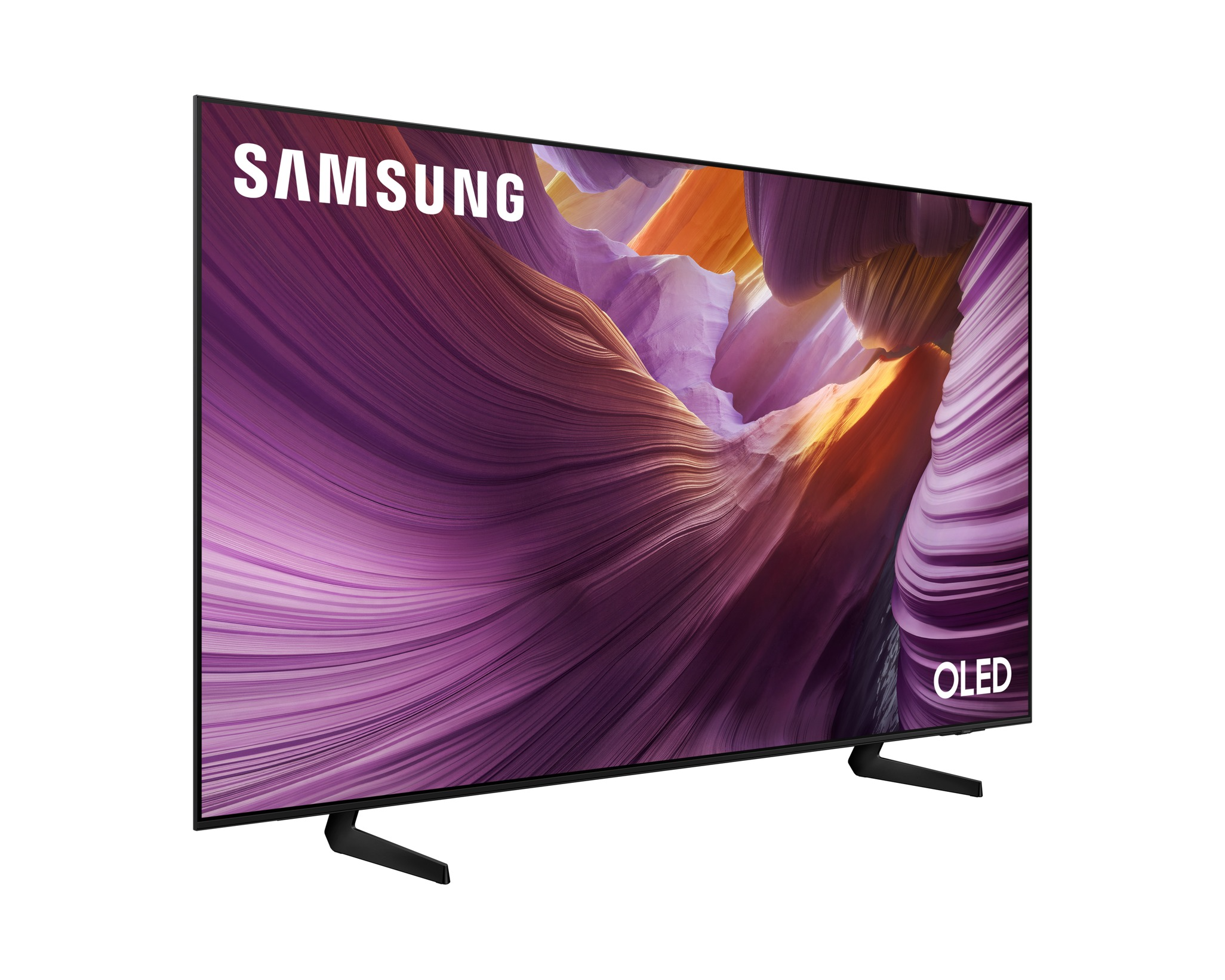 Samsung OLED TV. A képernyő színes absztrakt képet jelenít meg. A TV fekete, két fekete lábbal.