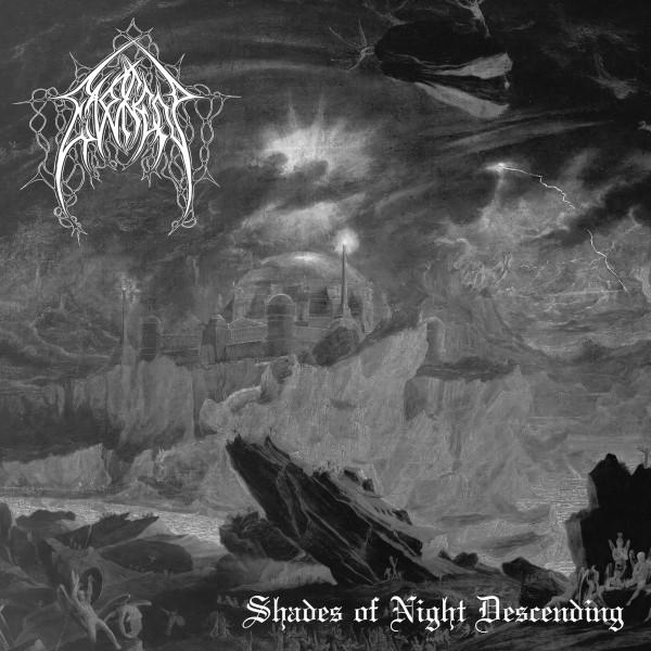 Schwarz-Weiß-Kunst zeigt eine Festung auf einer Klippe, dunkle Wolken und Figuren am Boden. Der Titel lautet "Shades of Night Descending".