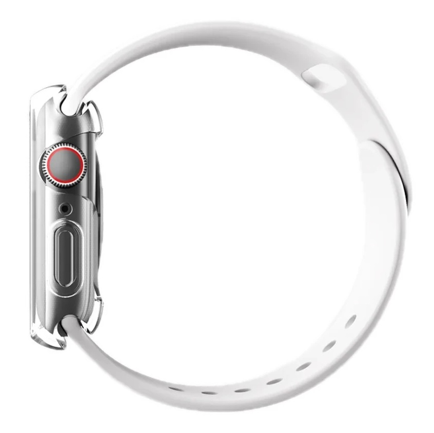 Srebrny smartwatch z białym paskiem, widok z boku.