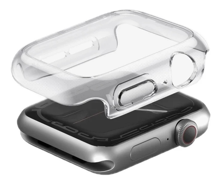 Przezroczyste etui ochronne nad srebrnym zegarkiem smartwatch z czarnym wyświetlaczem.