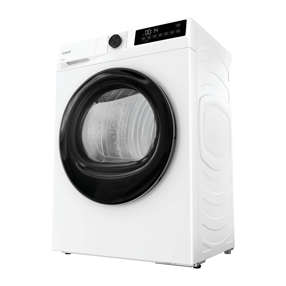 Una lavadora Candy blanca con puerta negra. Tiene una pantalla digital que muestra la hora y botones de control. La máquina está sobre fondo blanco.