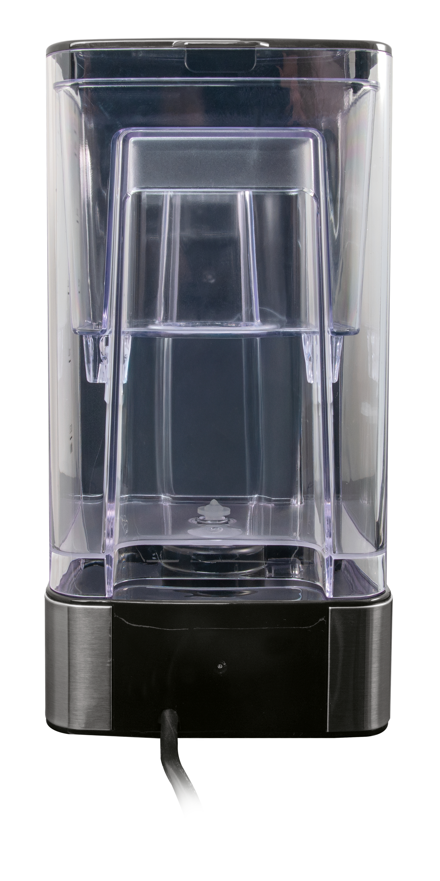 Ein klarer, rechteckiger Wassertank mit Edelstahlbasis. Ein schwarzes Netzkabel ragt aus dem Boden. Der Tank ist transparent.
