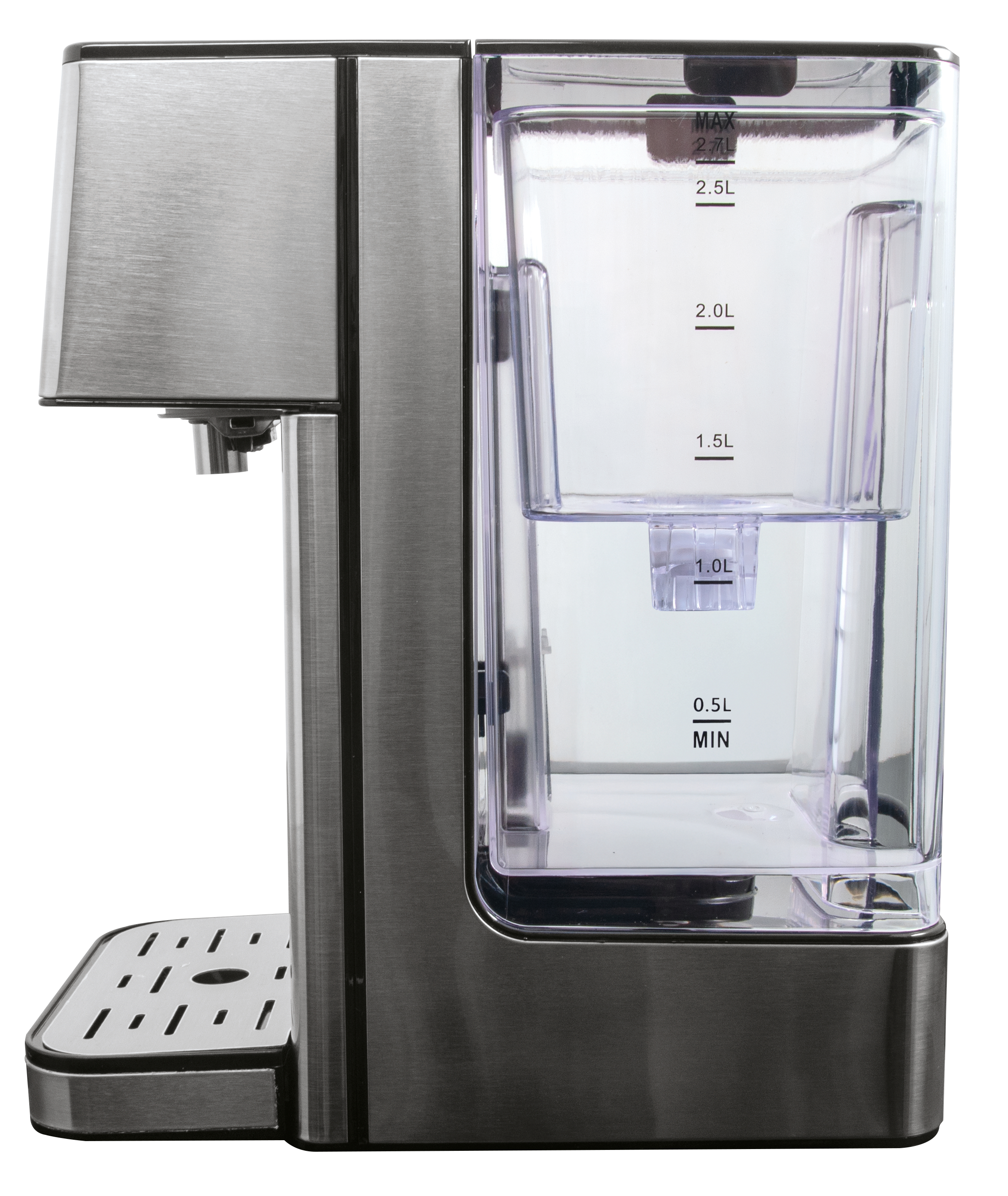 Ein Wasserspender aus Edelstahl mit einem transparenten Wasserbehälter. Er hat Kapazitätsmarkierungen und eine Tropfschale.