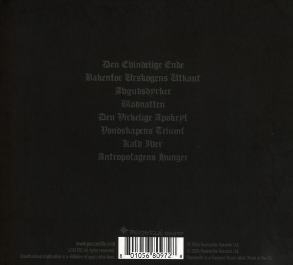 Dunkles Albumcover mit gotischen Texttiteln. Enthält einen Barcode und das Peaceville Records-Logo. Schwarzer Hintergrund mit Text.