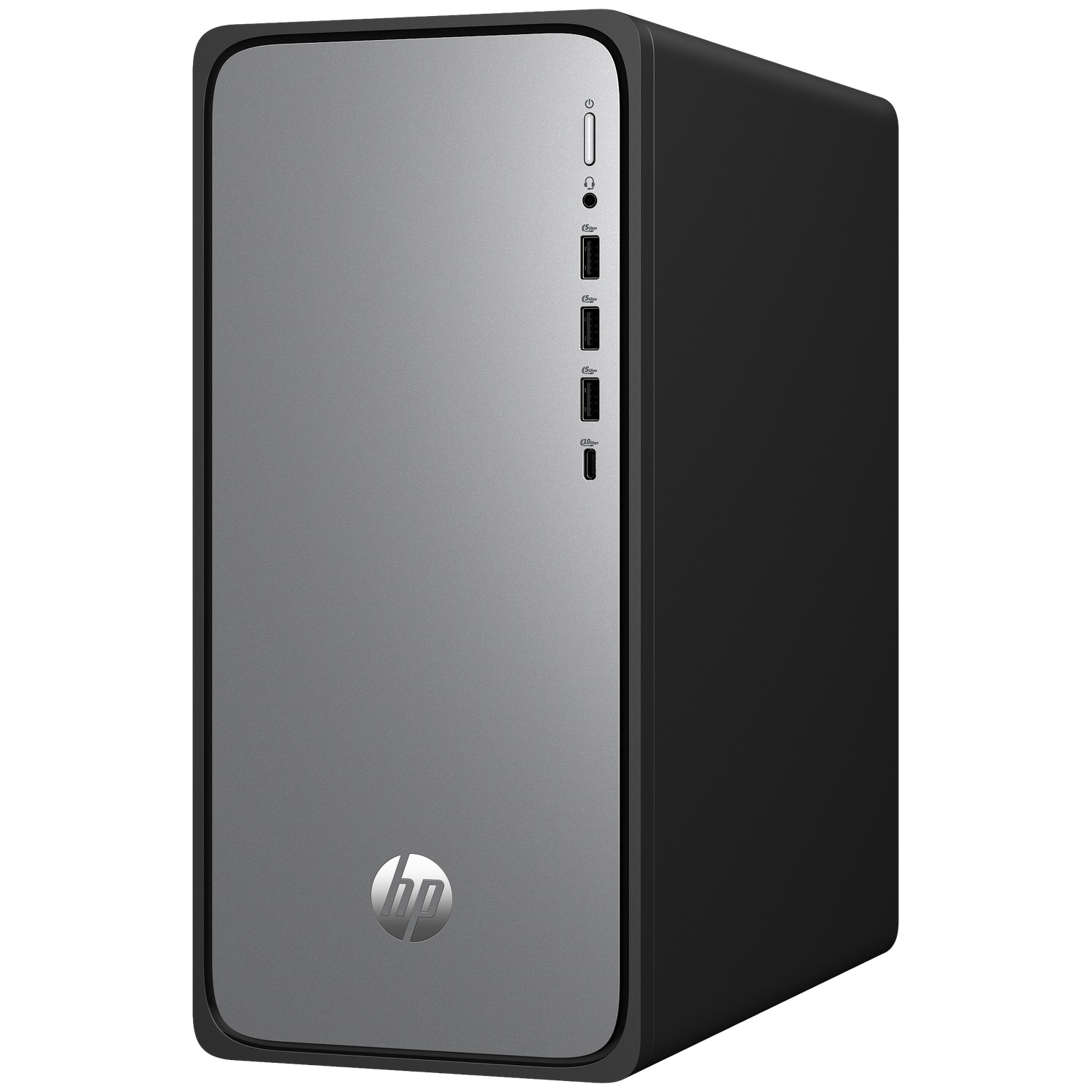 A black and gray HP desktop computer. It has power and USB ports on the front. HP logo is present.
