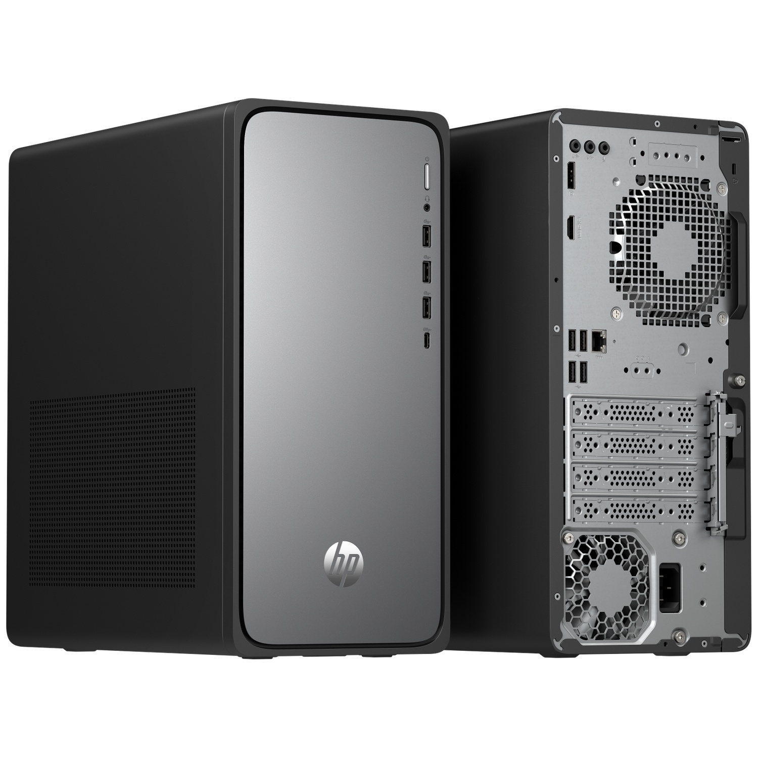 Two black HP desktop computers. One shows the front with a silver panel, the other the back with ports and a fan.