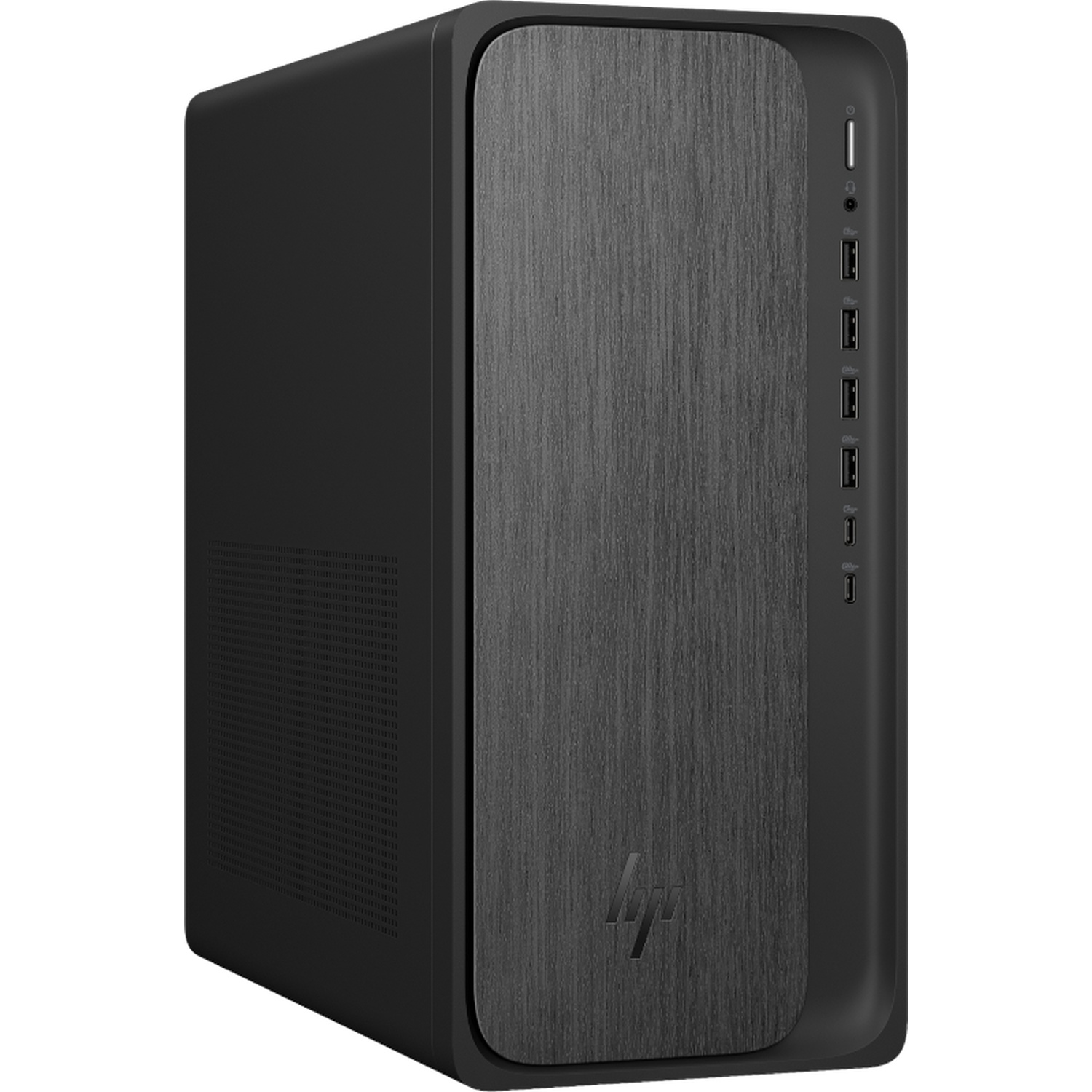 A black HP desktop computer tower. It has a textured front panel with the HP logo, and several ports on the side.